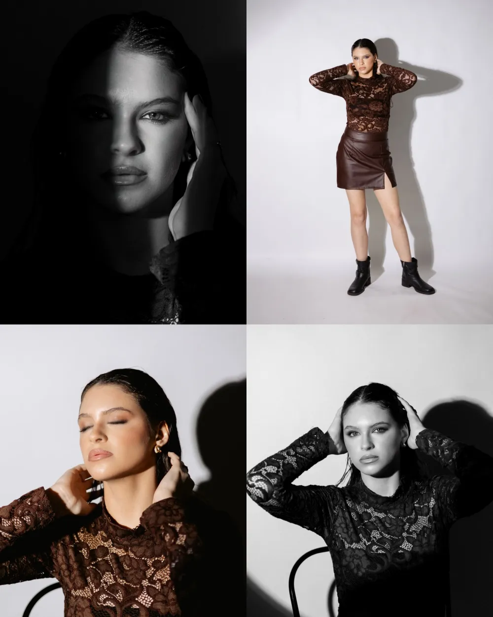 Ensaio fotográfico com make da Laura: quatro poses de blusa de renda marrom
